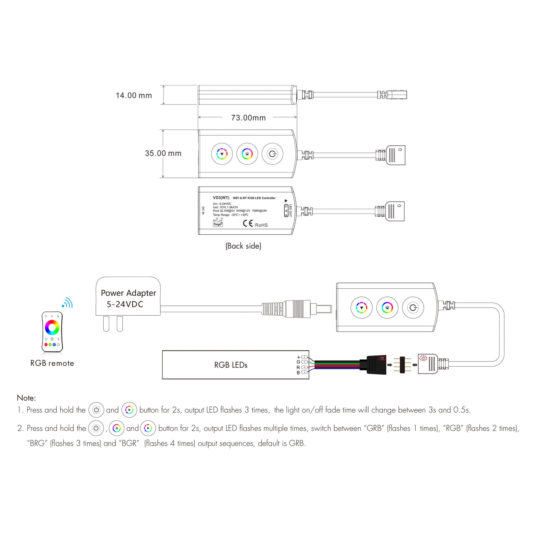 G.W.S. LED LED 5-24V DC RGB Wifi Controller Tuya APP 3CH*1.5A 2.4GHz RF VD3(WT)