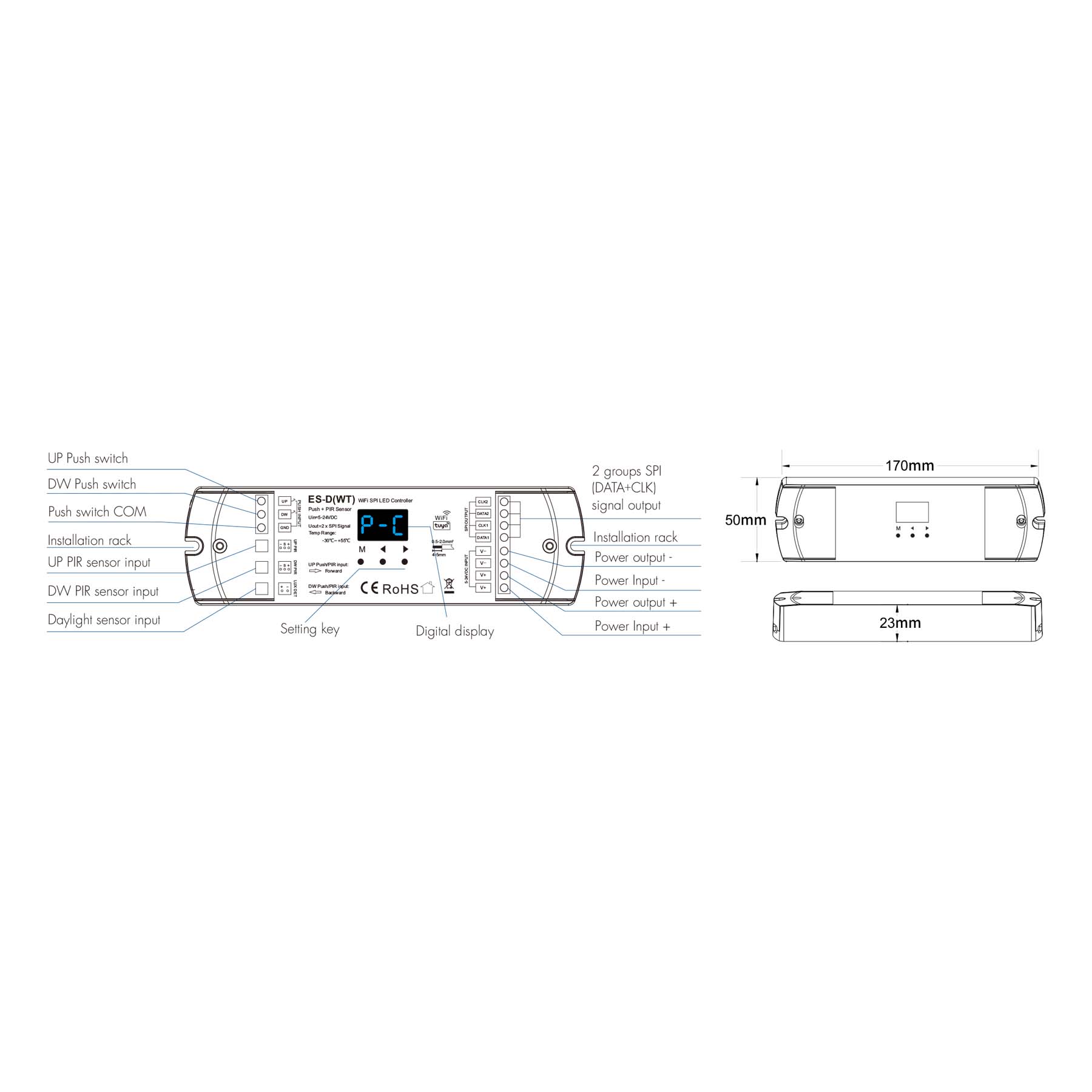 G.W.S. LED LED Controllers LED 5-24V Dual PIR Sensor+Dual Push Button WiFi SPI Controller ES-D(WT)