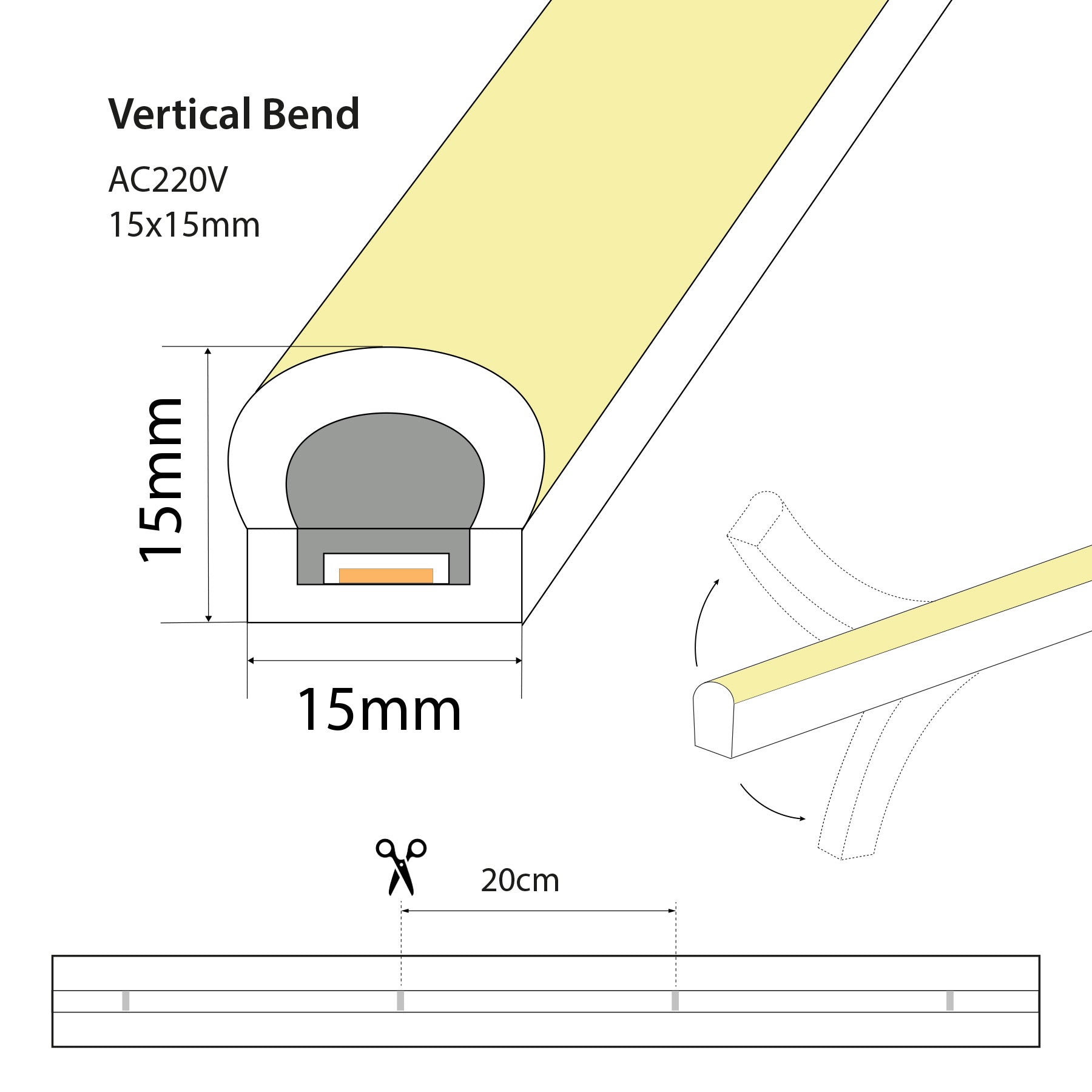 G.W.S LED LED Strip Lights LED 1515 VB Neon Strip Light IP65, AC220-240V, 3000K/4000K/6500K (POS)