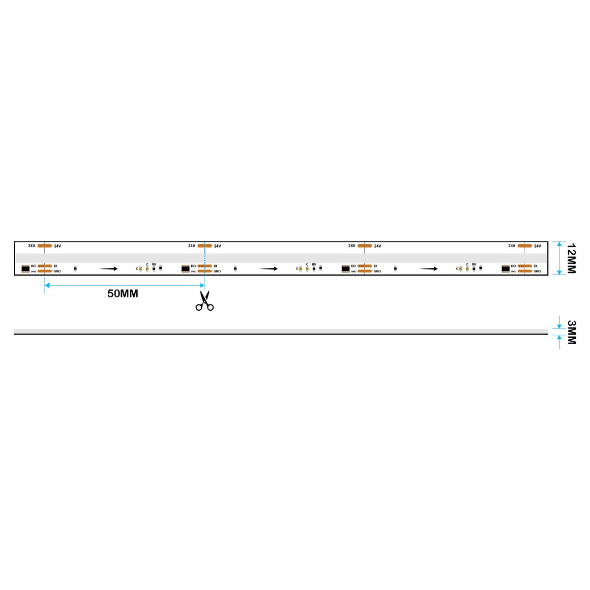 G.W.S LED Wholesale LED Strip Lights 5M / SPI RGB LED COB Strip Light, Seamless, 5M Reel, IP20, 24V, 12mm Wide, SPI Digital Pixel RGB